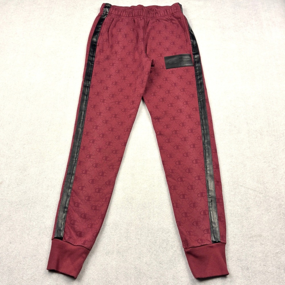 Champion Joggers Mens Small Maroon Monogram Fleece Faux Leather Stripe Sweatpant